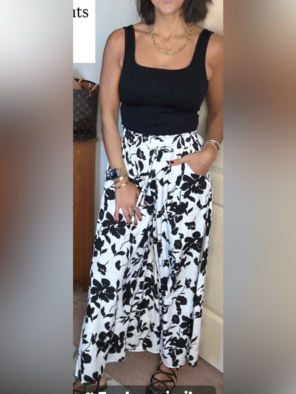 Black & White Floral Wide-Leg Pants